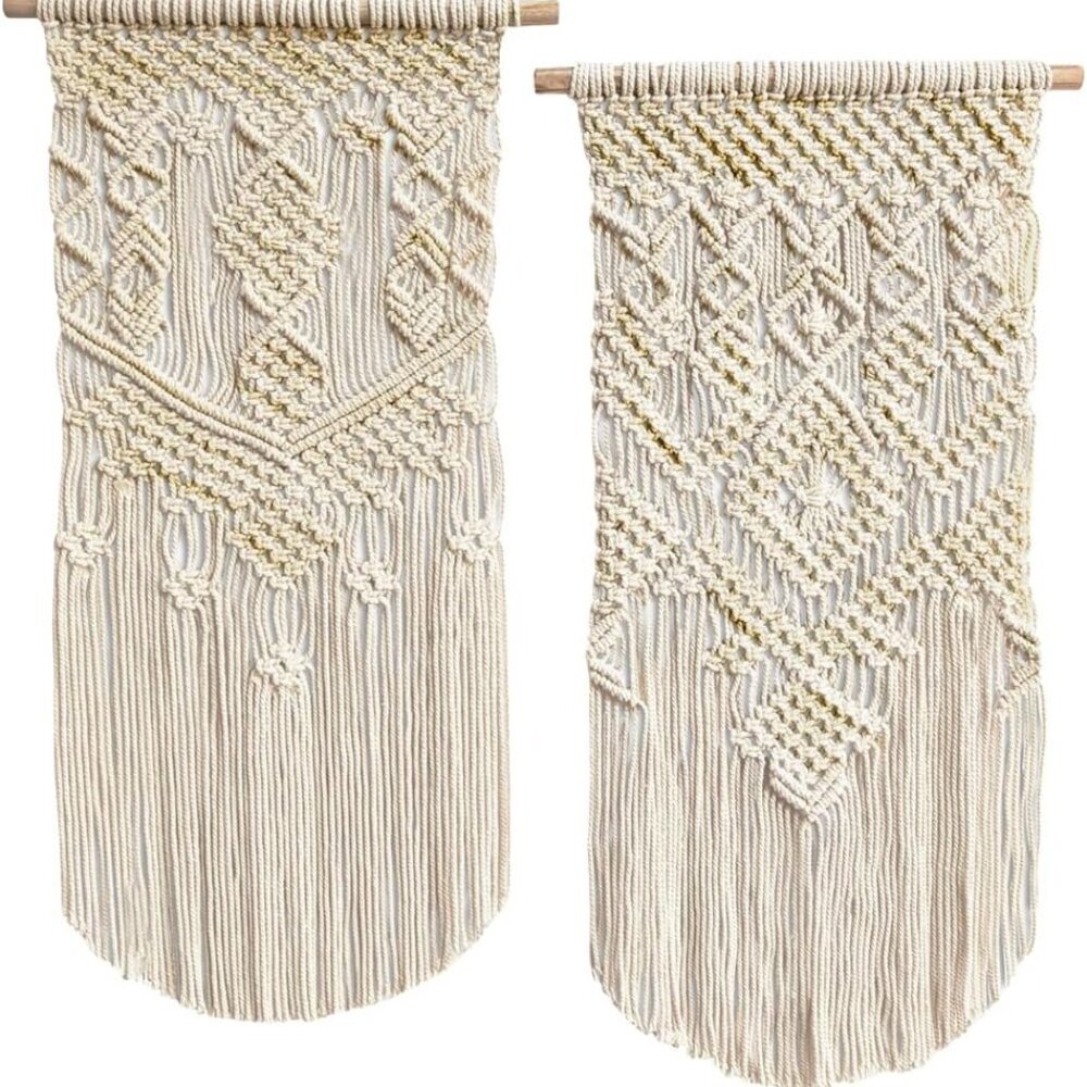 Boho Macrame Wall Hanging Woven Decor, 24”L x 13”W, Set of 2, Beige wall decor M